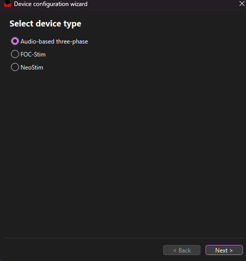 ReStim device configuration wizard — Select device type, with Audio-based three-phase selected