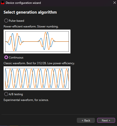 ReStim wizard — Select generation algorithm, with Continuous selected