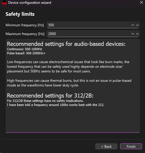 ReStim wizard — Safety limits page with frequency recommendations