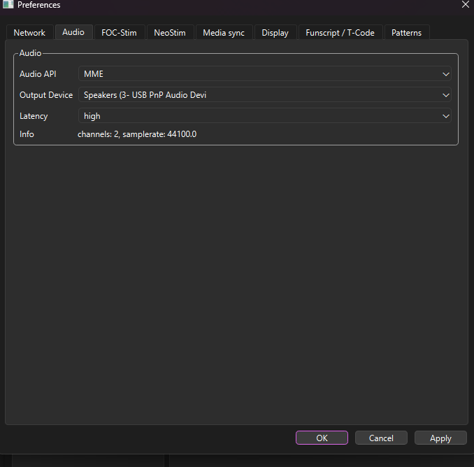 ReStim Preferences — Audio tab, Output Device dropdown