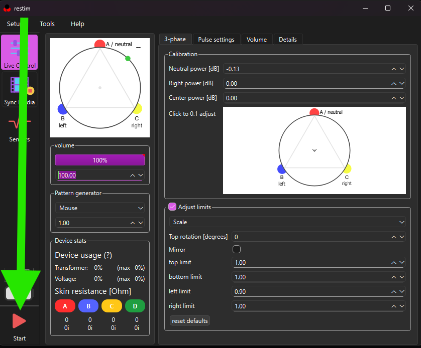 ReStim Live Control with the Start button highlighted at the bottom-left