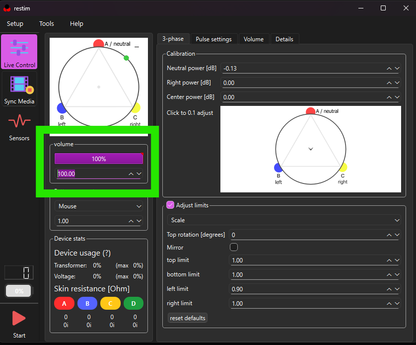 ReStim Volume control dragged up to 100%